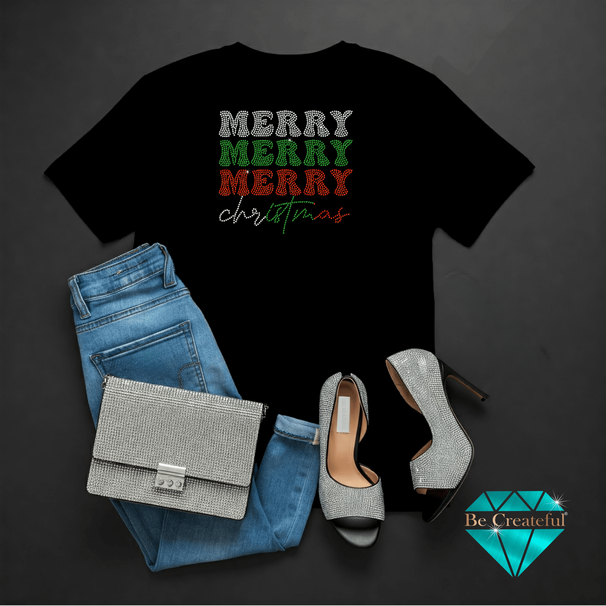 Merry Merry Merry Christmas Rhinestone design on a black shirt.