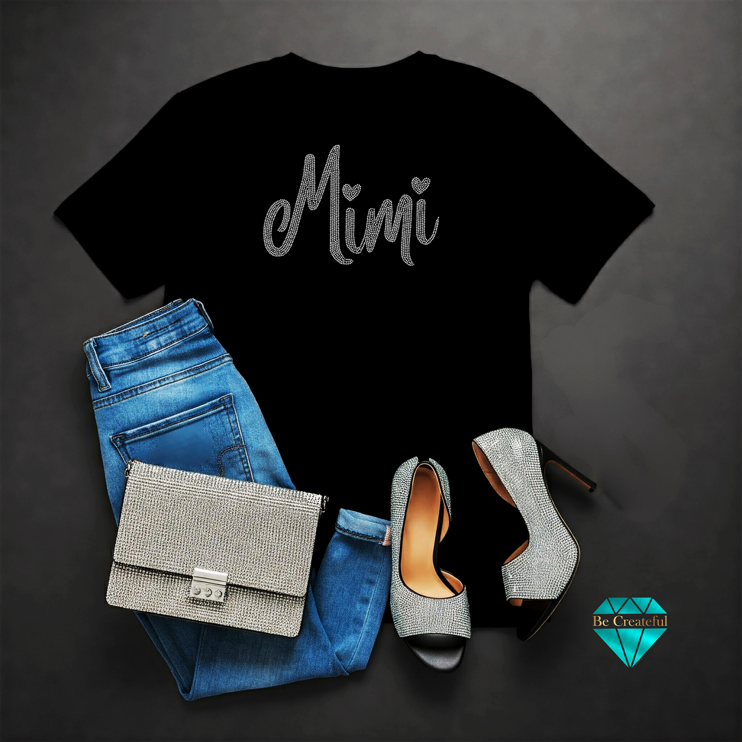 Black t-shirt with 'Mimi' Rhinestone design