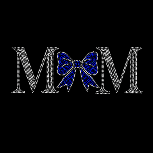 Decorative 'MOM' design with a blue bow on a black background