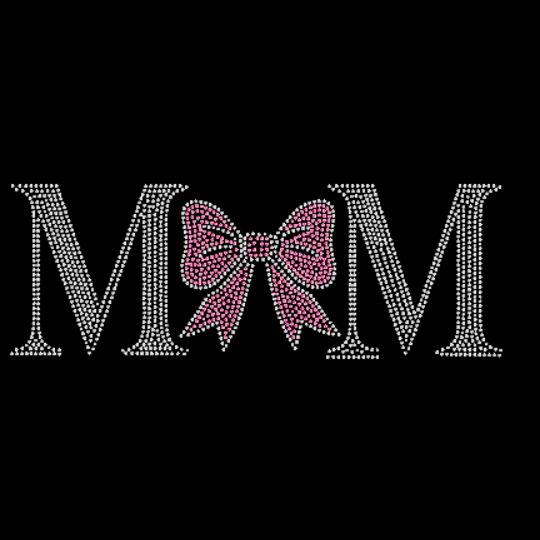 Decorative 'MOM' text with a pink bow on a black background