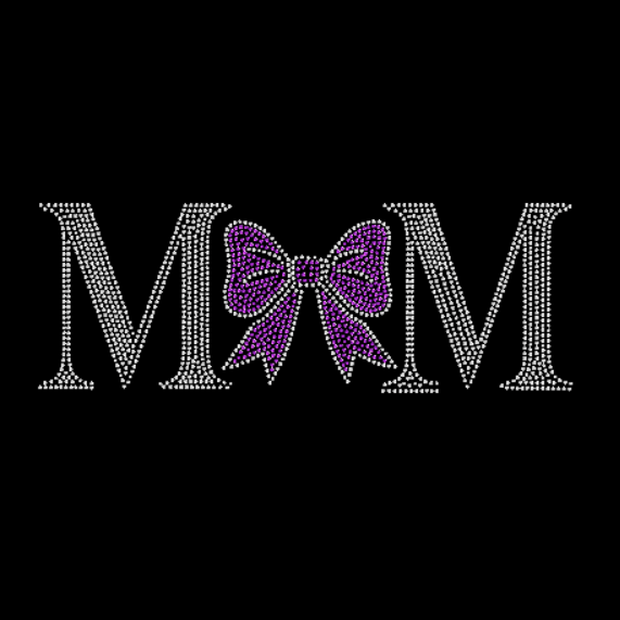 Decorative 'MOM' text with a purple bow on a black background