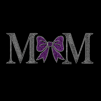 Decorative 'MOM' text with a purple bow on a black background