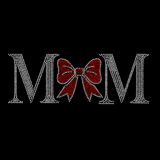 Decorative 'MOM' text with a red bow on a black background