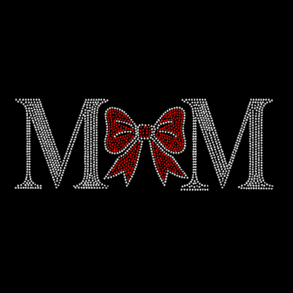 Decorative 'MOM' text with a red bow on a black background