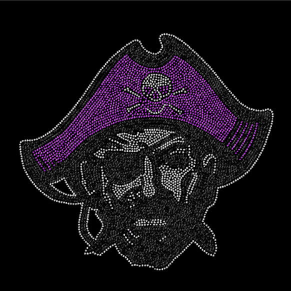 Pirate-themed design with a skull and purple hat on a black background