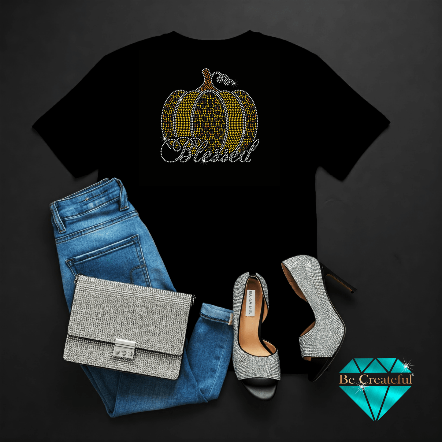 Pumpkin Leopard Print Blessed 2 Rhinestone Transfer