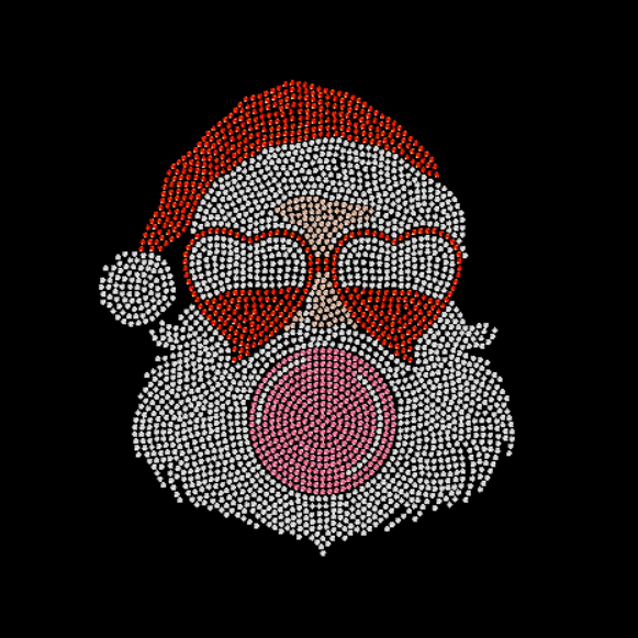 Rhinestone design of a Santa Claus face made with rhinestones on a black background