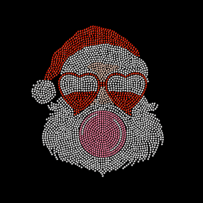 Rhinestone design of a Santa Claus face made with rhinestones on a black background
