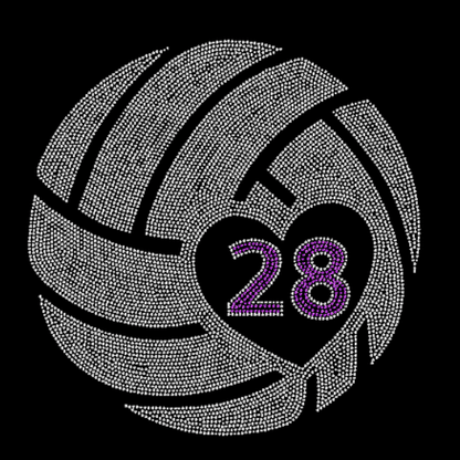 Rhinestone volleyball with number 28 in a heart shape on a black background