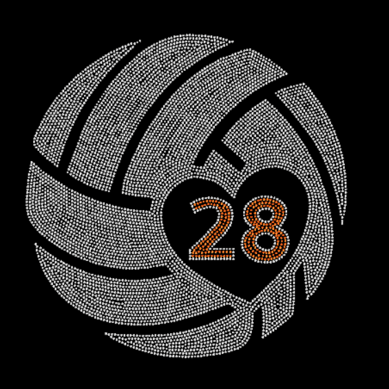 Rhinestone volleyball with number 28 in a heart shape on a black background