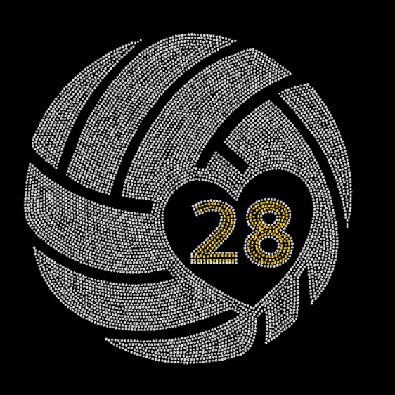 Rhinestone Volleyball with heart and number 28 design on a black background