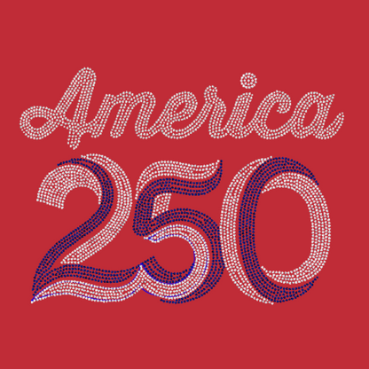 Red shirt with Blue and white rhinestones and America 250