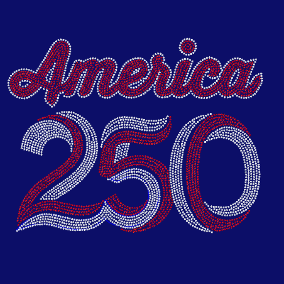 Blue shirt with red and white rhinestones and America 250