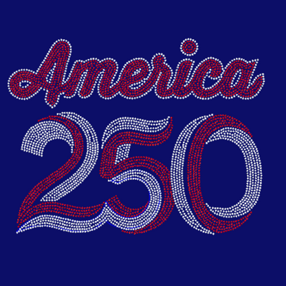 Blue shirt with red and white rhinestones and America 250