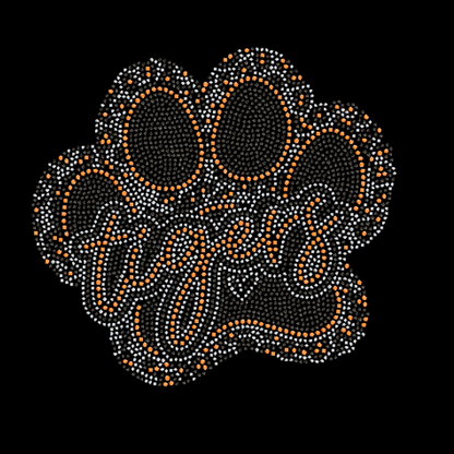 Decorative Paw design with 'tiger' text made of small stones on a black background with cheetah print
