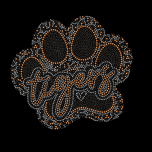 Decorative Paw design with 'tiger' text made of small stones on a black background with cheetah print