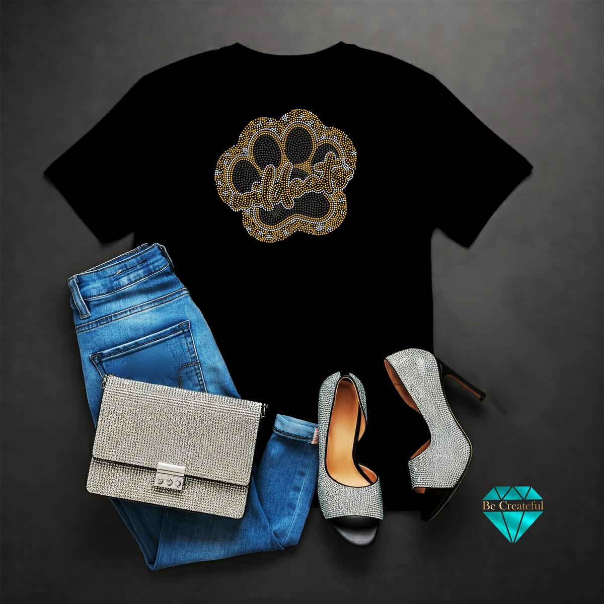 Gold Wildcat Paw in Cheetah Print Rhinestone Transfer on black t-shirt