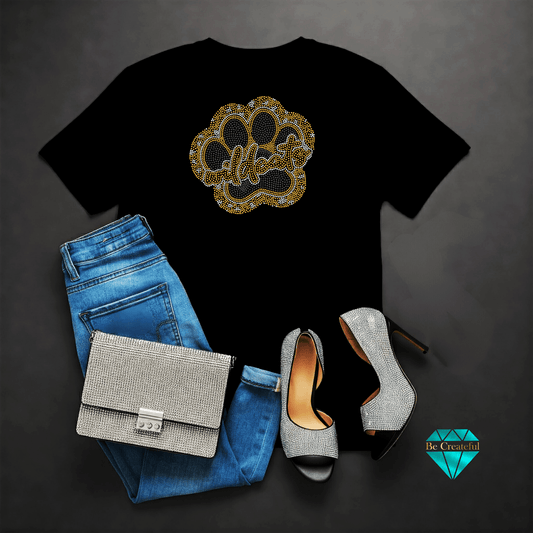 Gold Wildcat Paw in Cheetah Print Rhinestone Transfer on black t-shirt